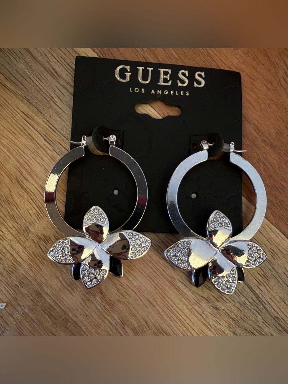 GUESS Silver Hoop Earrings with Crystal Floral Charms